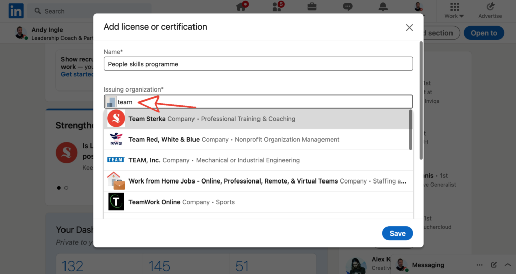 LinkedIn showing issuing organisation field
